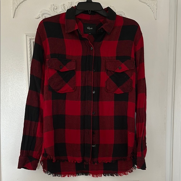 Rails Red and Black Flannel Button Up with Fringe hem and embroidery, Size M - Picture 1 of 6